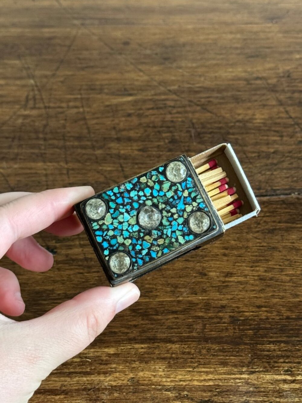 Vintage Turquoise and Sodalite Inlaid Mosaic Match Box Cover/Holder